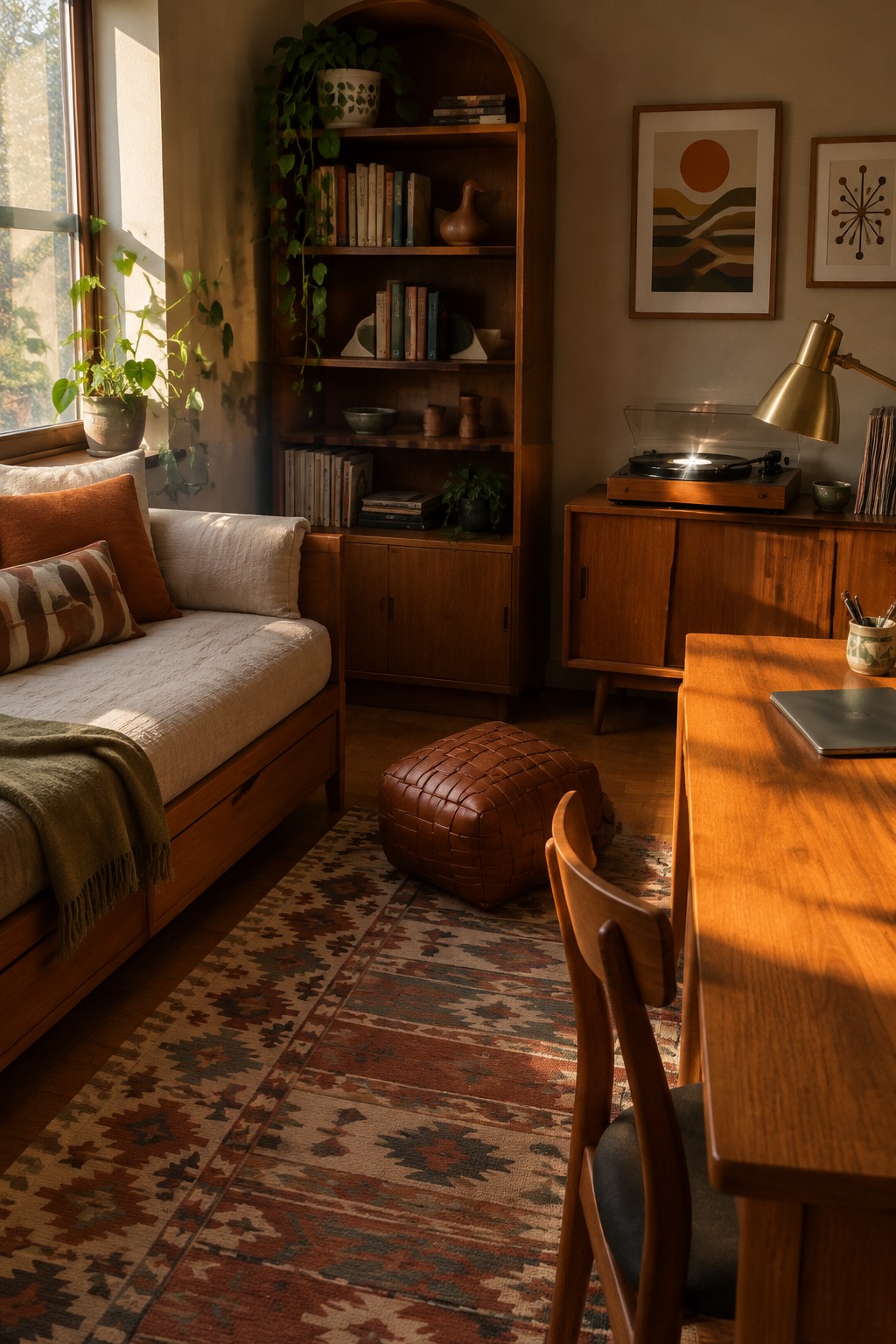 A cozy interior room featuring a wooden daybed with pillows by a window, a wooden desk with chair in the foreground, built-in arched bookshelves, a record player on a cabinet, and a patterned rug on the floor.