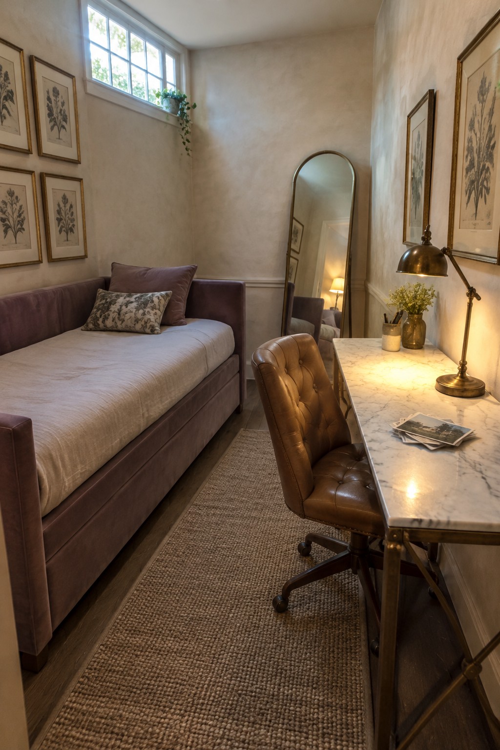 A narrow interior room with a mauve daybed along the left wall, a white marble desk with brown leather office chair on the right, botanical prints on both walls, and a tall arched mirror in the background.