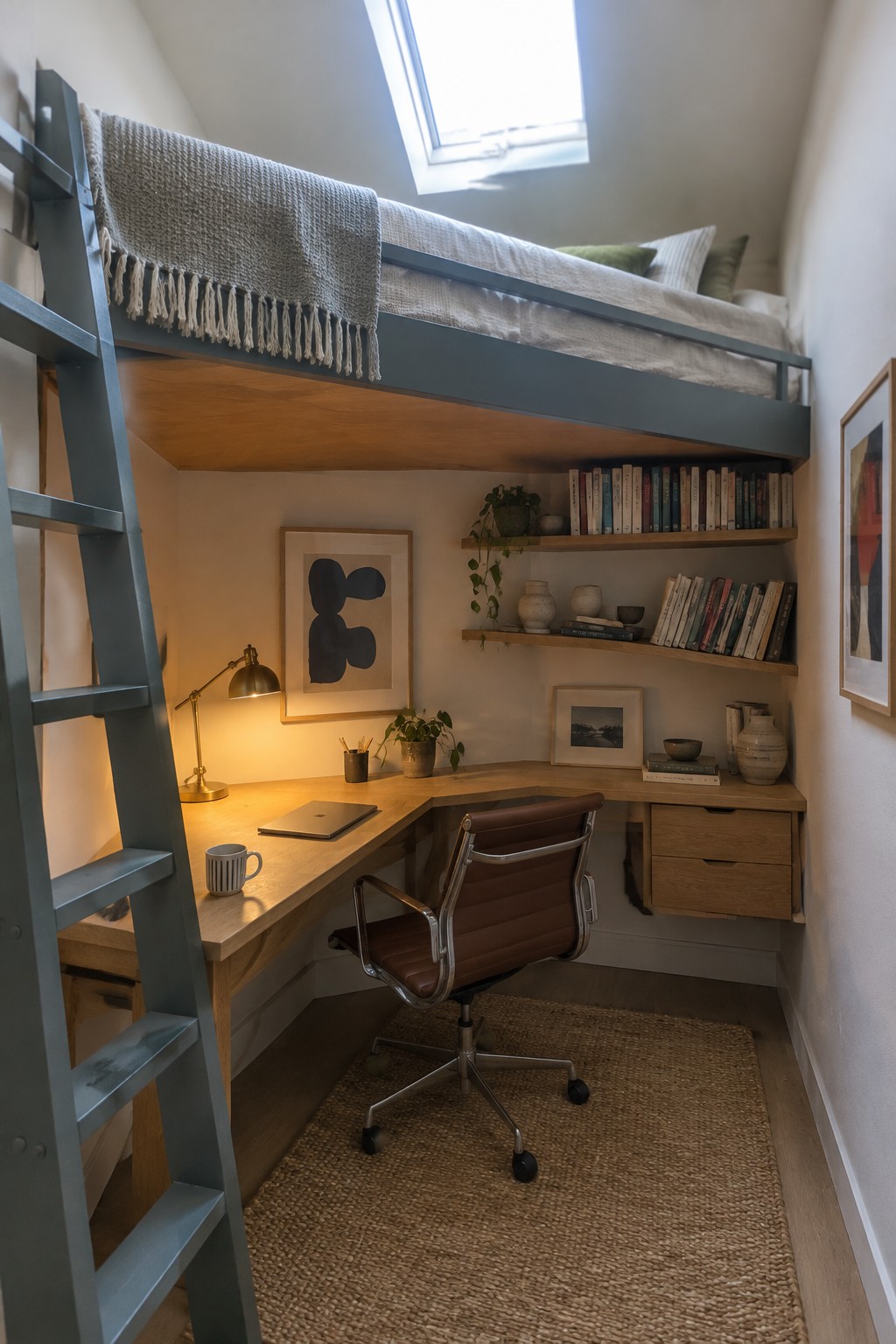 Loft bed above wooden desk with brown leather chair, bookshelves, and skylight.