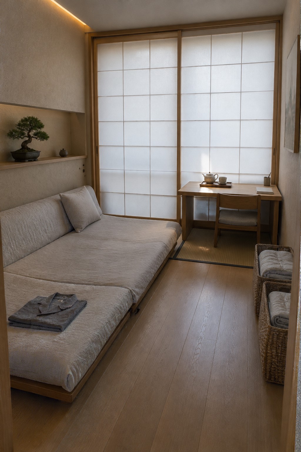 A minimalist room featuring a low platform bed with folded gray robes on the left and a wooden desk with chair and tea set on the right, with shoji screens in the background.