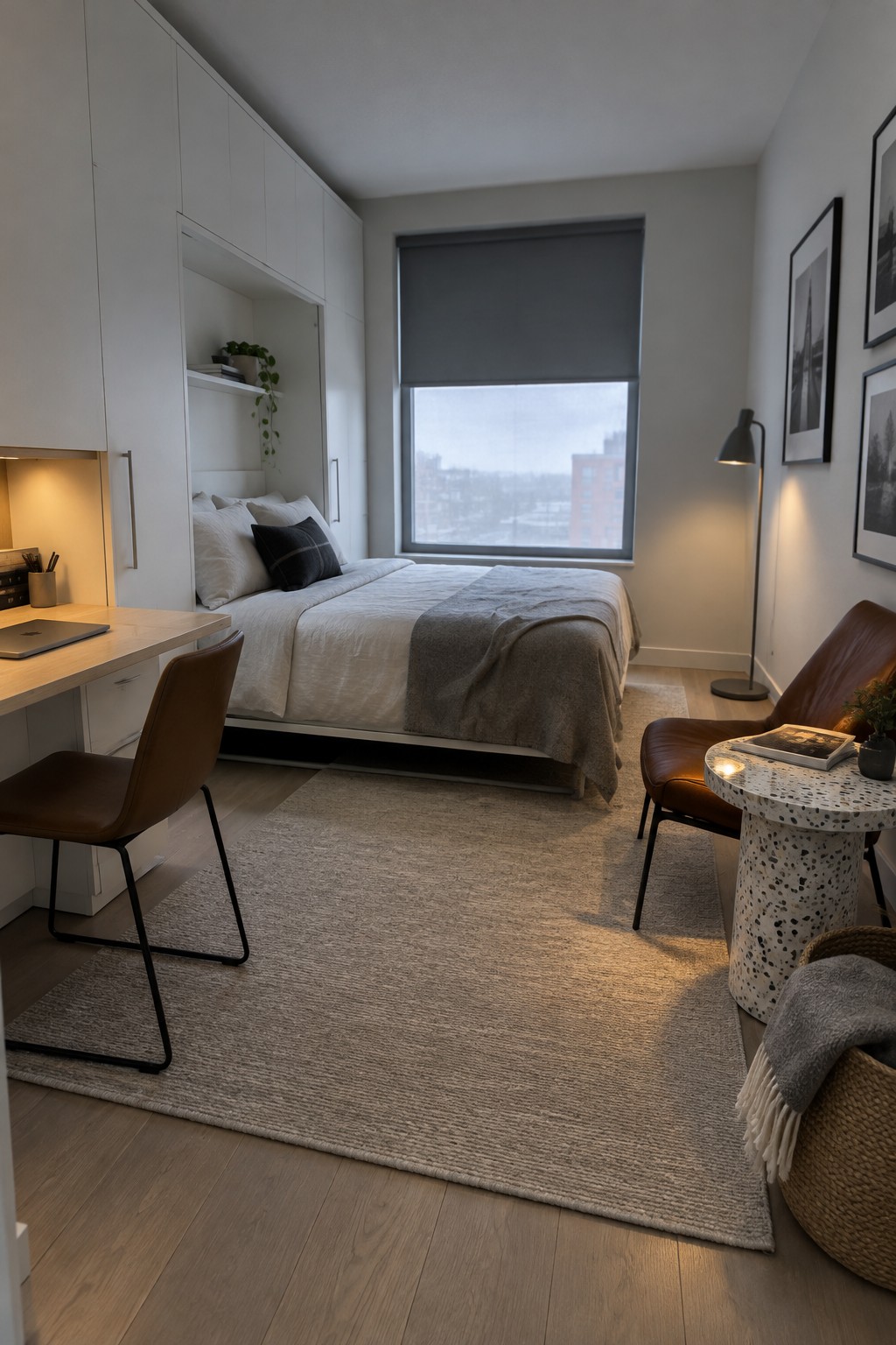 A compact bedroom with a bed against white built-in cabinetry, a wooden desk with a laptop and brown leather chair, and a large window with a gray shade.