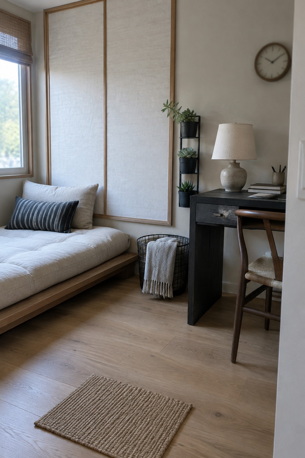 A room with a low wooden daybed holding white and striped cushions on the left, a dark wooden desk with chair and lamp on the right, and a small woven rug on the floor.