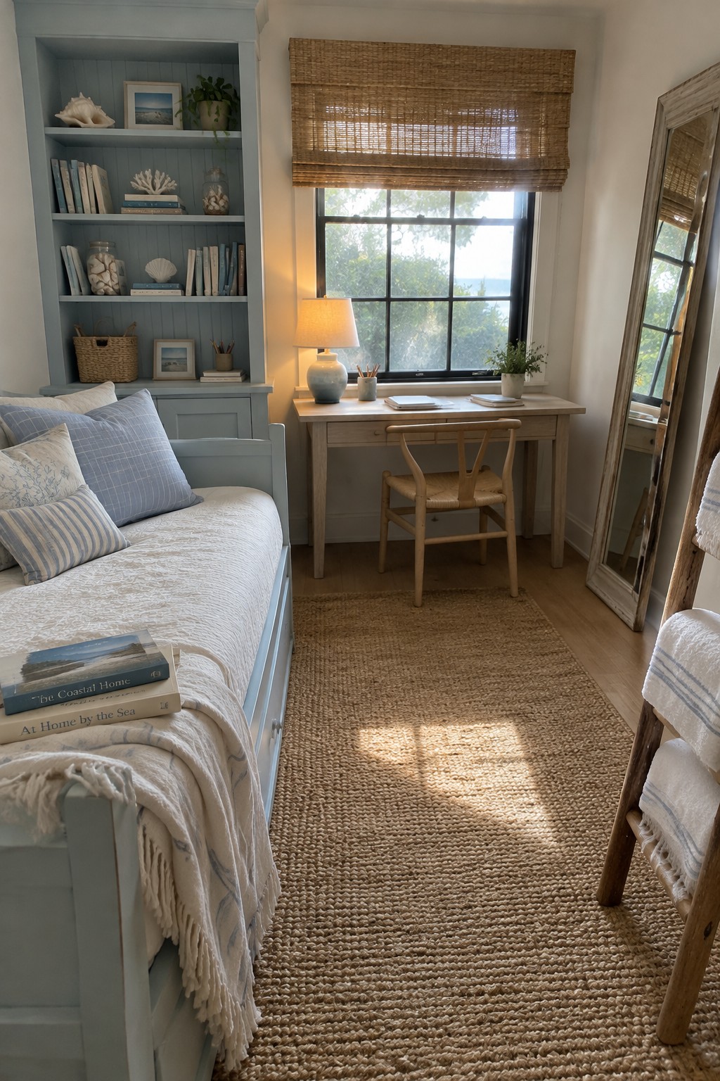 A light blue daybed with striped pillows sits beneath built-in shelves holding books and seashells, next to a light wood desk and chair placed under a black-framed window with a woven shade.