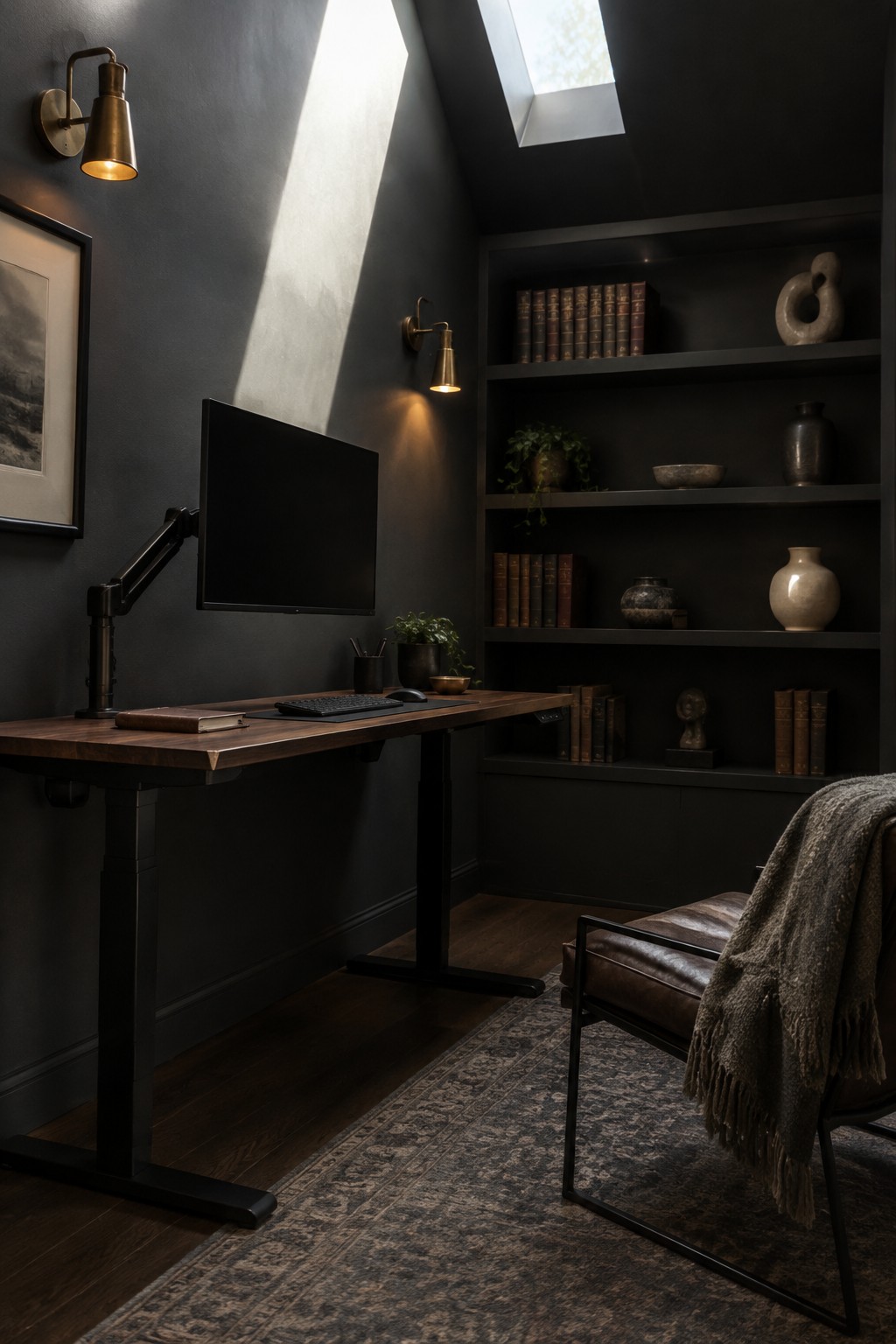 A home office featuring a wooden standing desk with a monitor on an arm, built-in dark bookshelves filled with books and decor, a leather chair, and natural light from a skylight.