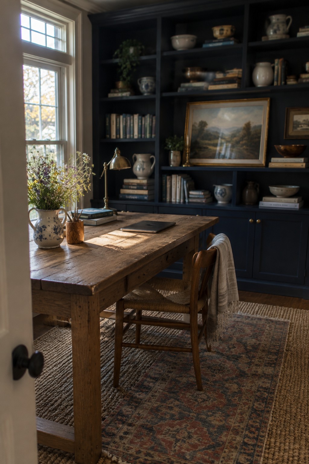 A rustic wooden desk with a laptop, books, and a flower vase sits in front of dark blue built-in bookshelves filled with books and decorative items, next to a window with natural light.