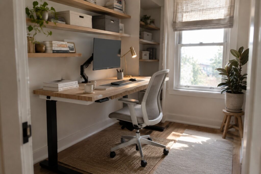 A light wood standing desk with white legs and a mounted monitor sits beneath floating wood shelves holding books and storage boxes, next to a window with a potted plant on a stool.