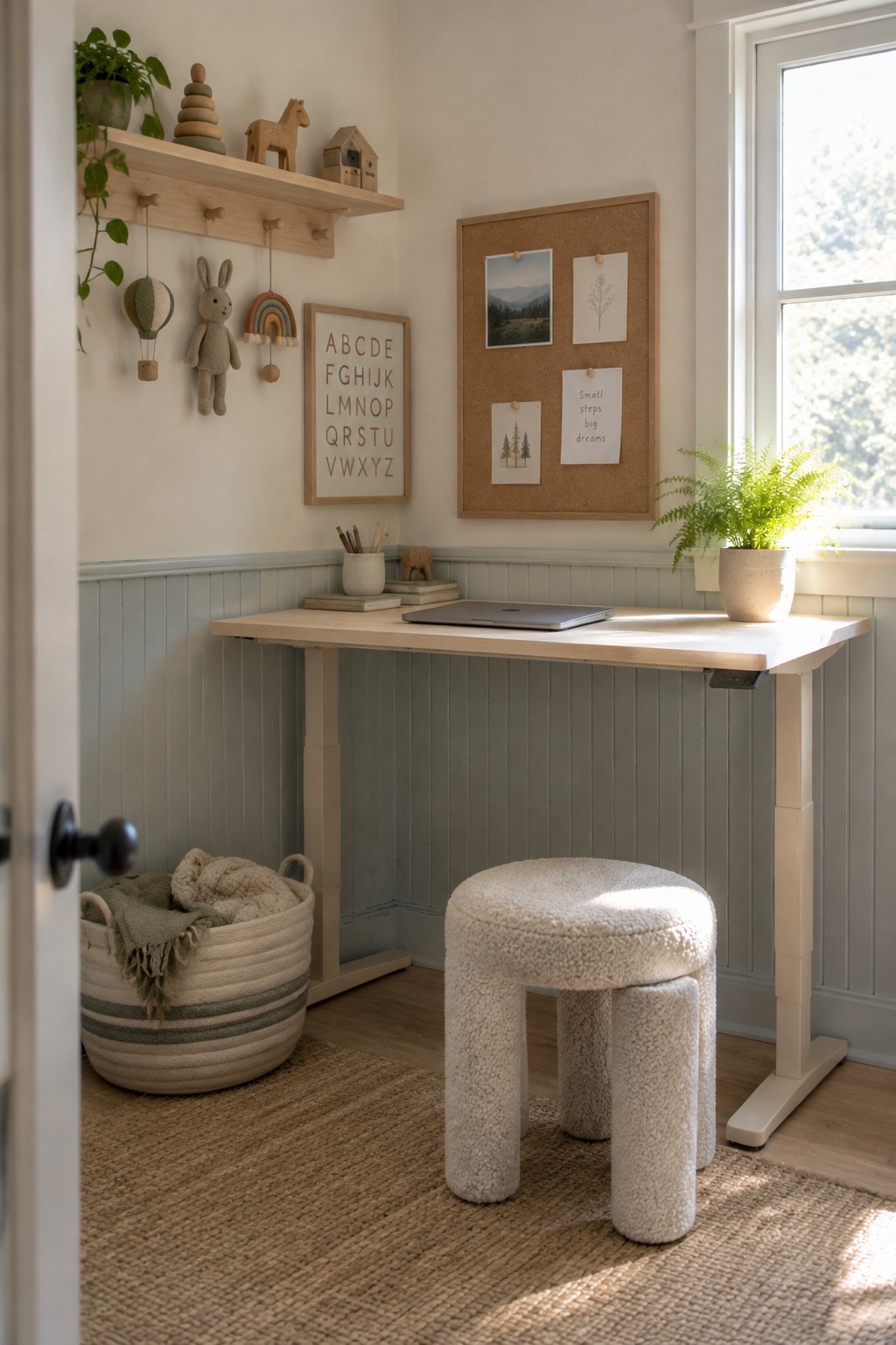 A light wood standing desk with a laptop in a room featuring pale green wainscoting, a white bouclé stool, children's toys on a wooden shelf, and a corkboard with prints on the wall.