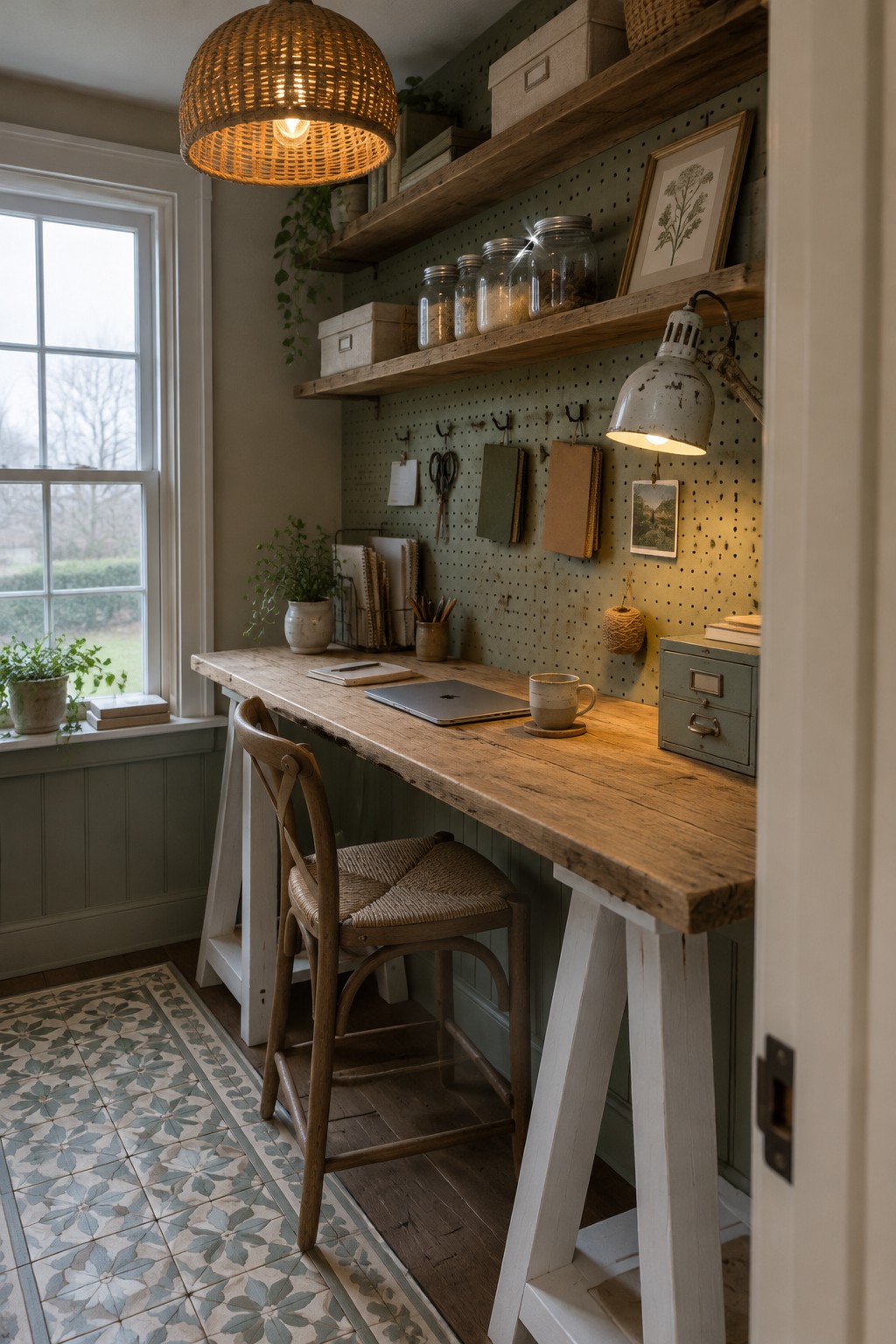A rustic wooden desk with white trestle legs sits in front of a green pegboard wall fitted with hooks, shelves, and a wall lamp, next to a window with potted plants on the sill.
