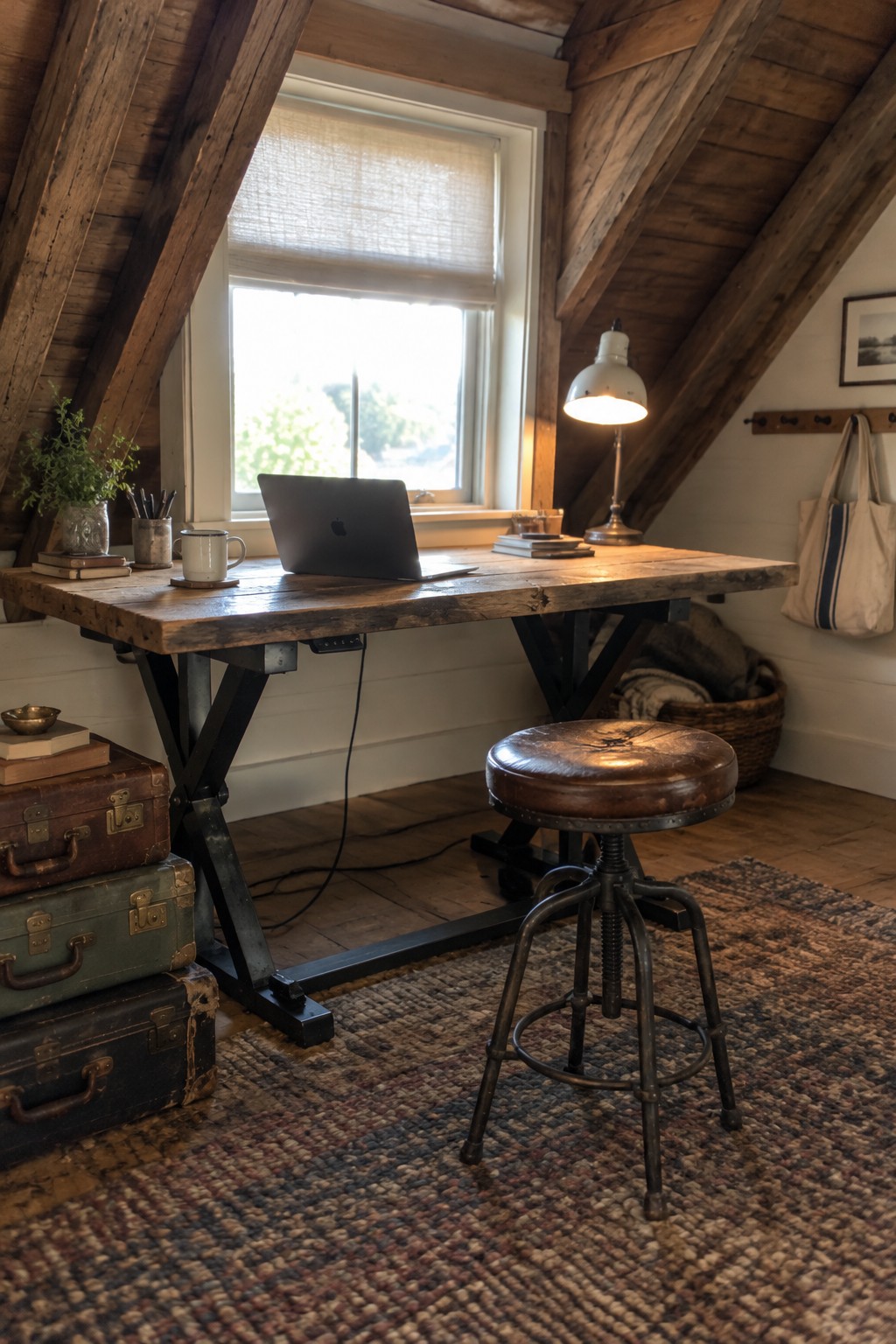 A rustic wooden desk with a laptop and desk lamp sits under sloped wooden beams in an attic office, with an adjustable stool on a woven rug nearby.