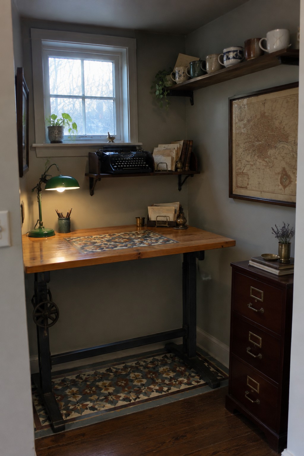 A wooden desk with a black height-adjustable metal frame is positioned under a window in a small room, with a green desk lamp and vintage typewriter on the surface.