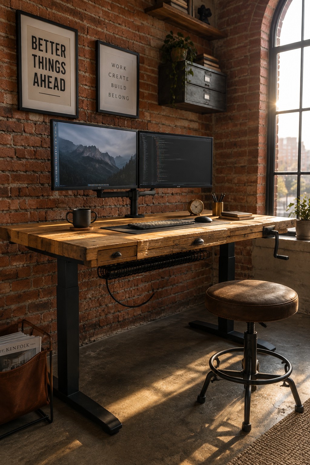 Rustic wooden desk with dual monitors and leather stool in brick loft office