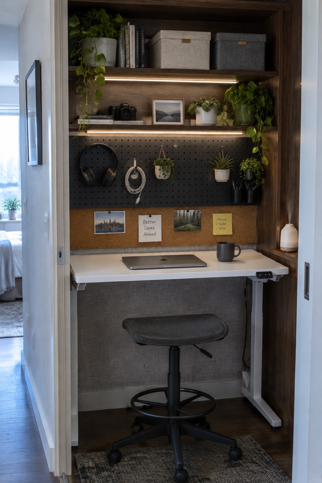 A compact home office inside a wooden alcove with a white standing desk, black stool, pegboard, corkboard, and upper shelves holding plants, books, and storage boxes.