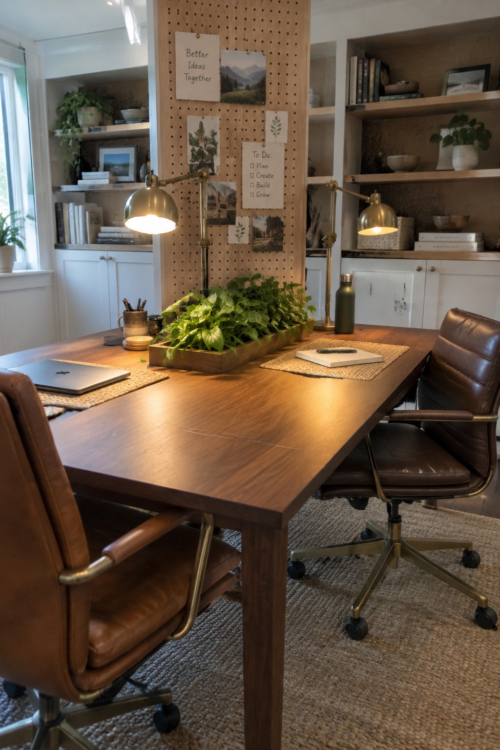 A home office with a wooden desk, two brown leather chairs, and a long rectangular wooden planter filled with green plants centered on the desk.