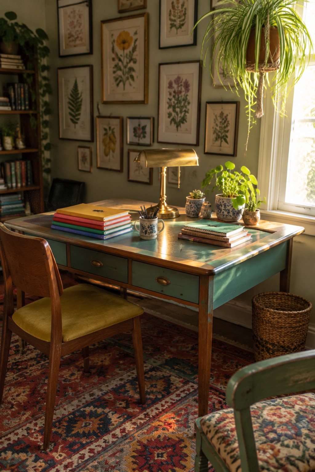 Sunlit green desk with books, lamp, and plants amid botanical prints and patterned rug