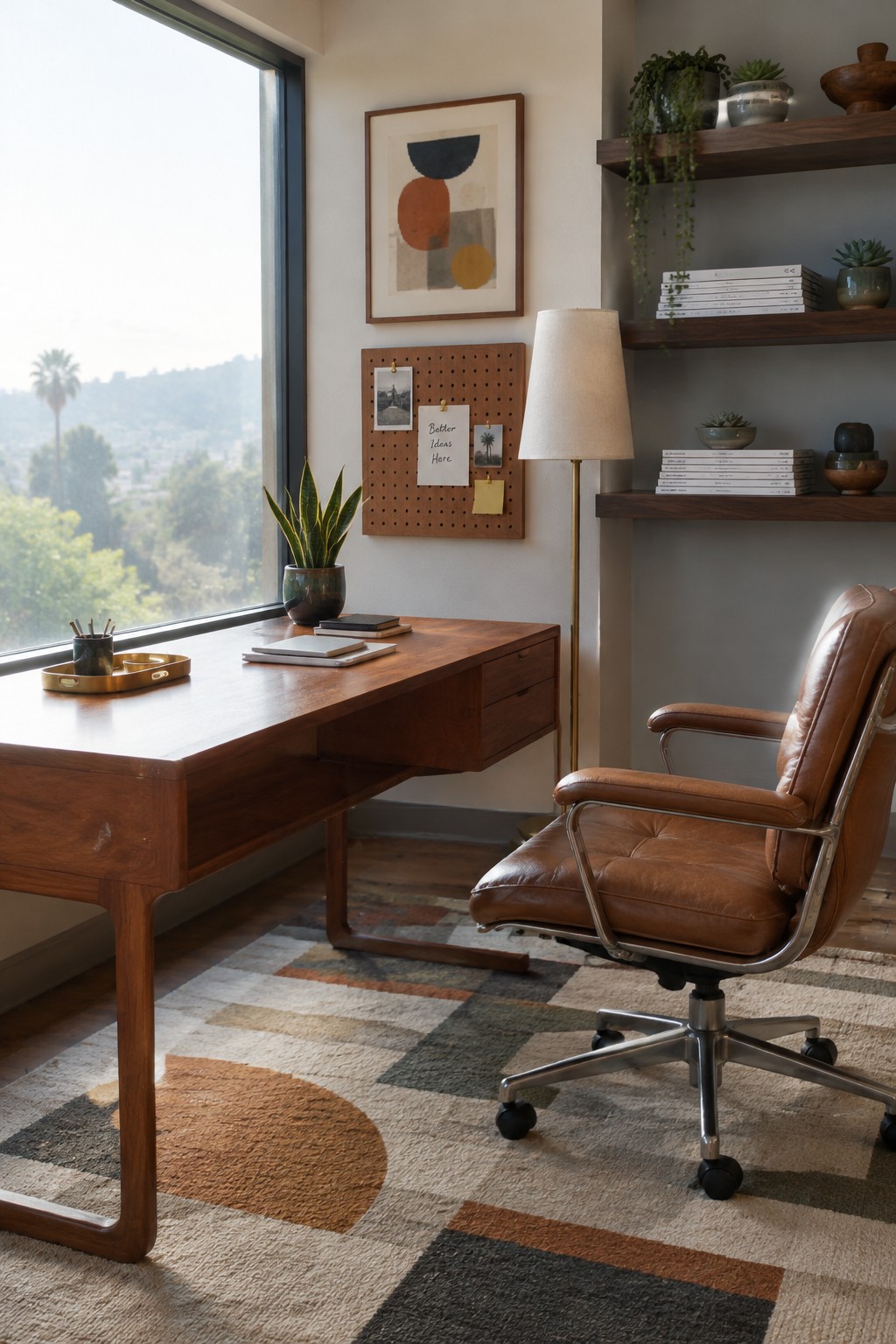 Modern home office with wooden desk, leather chair, pegboard and floating shelves