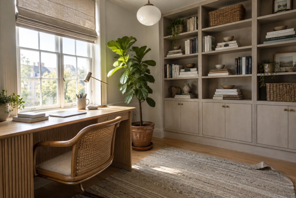 A home office interior showing a wooden desk with a woven chair, built-in gray bookshelves filled with books and decor, and a large potted fiddle-leaf fig plant positioned near the window.