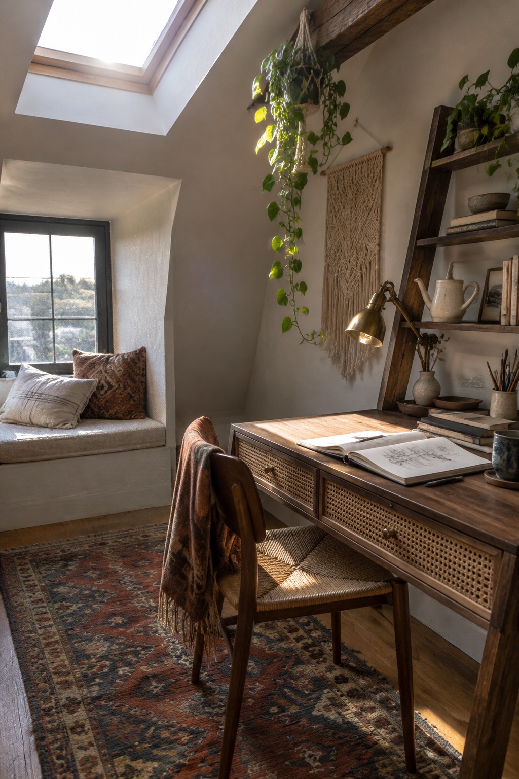 A wooden desk with an open sketchbook and brass lamp sits beneath a skylight, with a large hanging plant suspended from a wooden beam above the workspace.