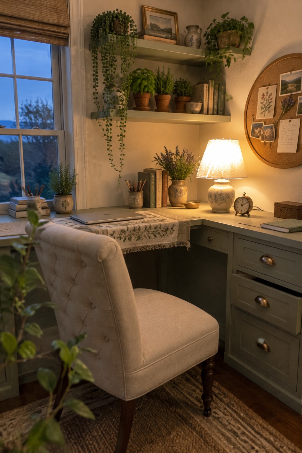 A home office corner with a tufted chair at a desk, laptop, lit lamp, and multiple potted plants arranged on floating shelves above the desk.