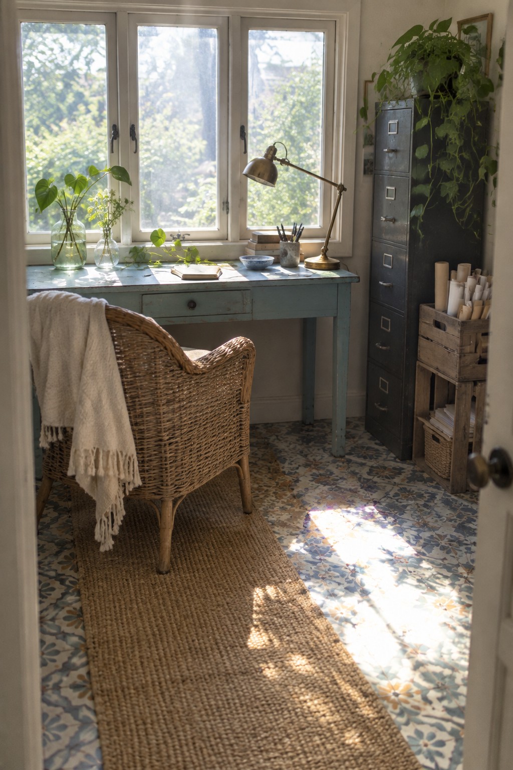 A home office desk sits beneath a large multi-paned window with several potted plants and glass vases arranged along the windowsill, a woven chair pulled up to the desk, and a tall dark filing cabinet to the right.