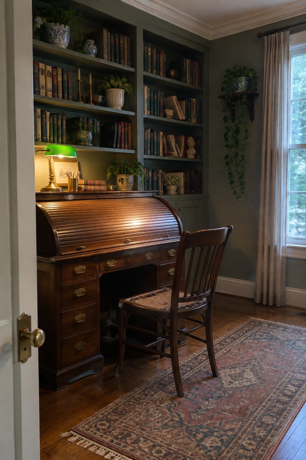 Traditional study with wooden roll-top desk, green lamp, chair, and bookshelves on rug
