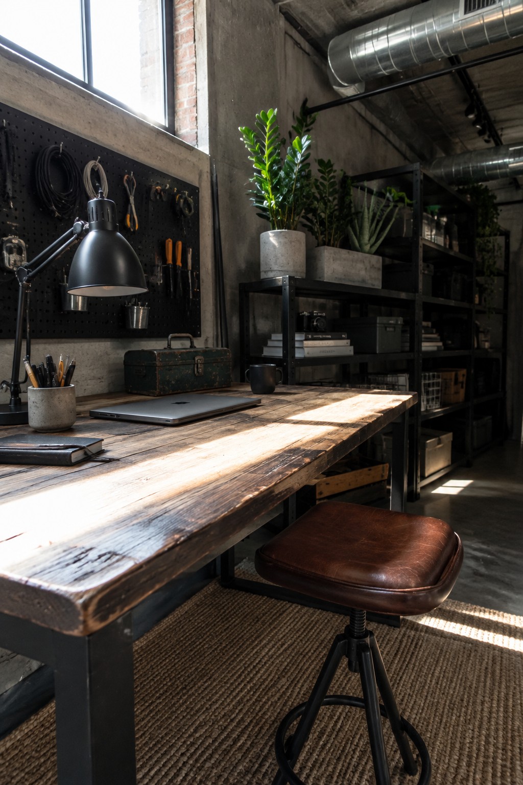 A rustic wooden desk with a laptop and leather stool faces black metal shelving units holding potted plants, books, and storage boxes in an industrial room with concrete walls.