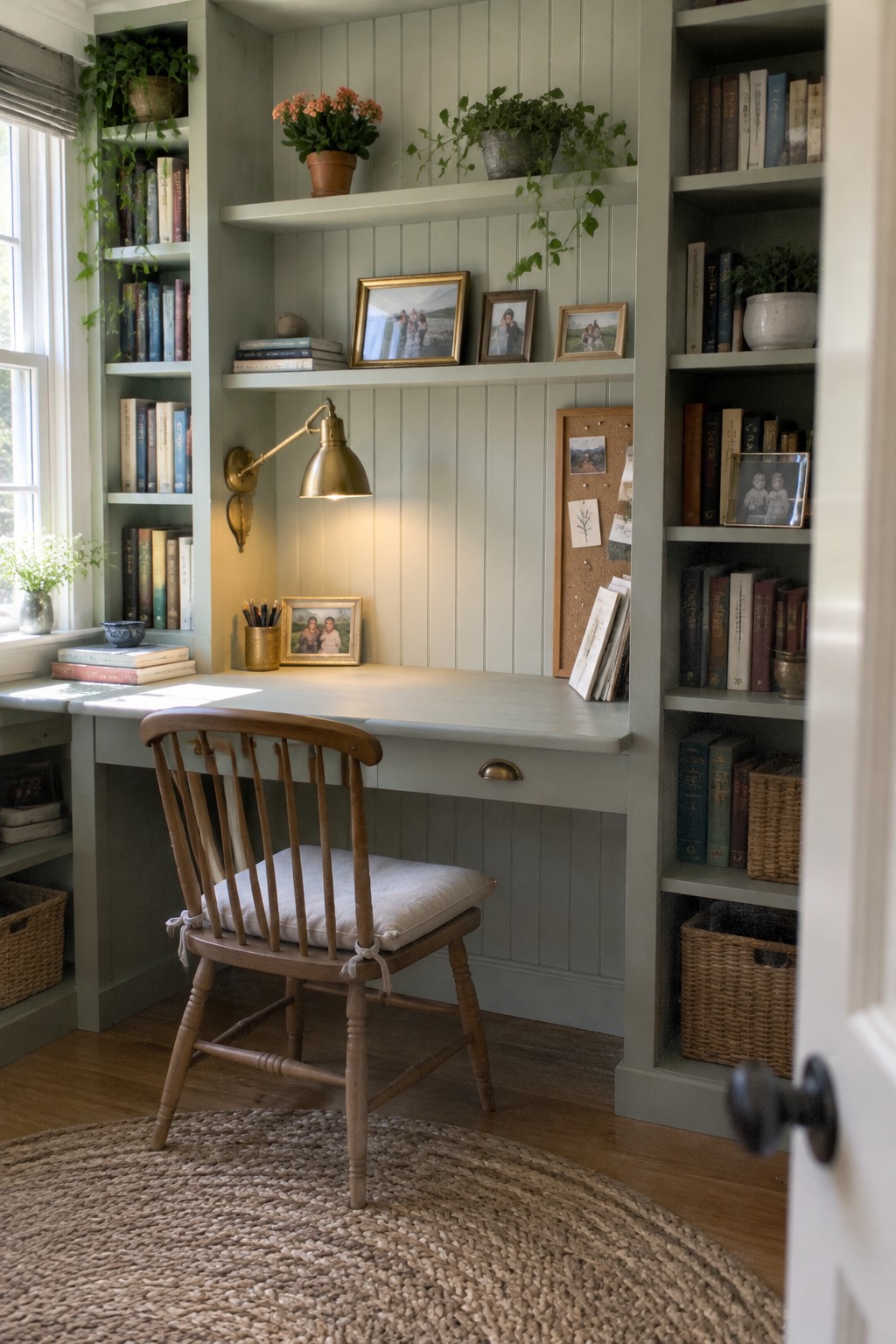 A home office with built-in light green shelves and desk holding books, framed photos, and potted plants, plus a wooden chair on a woven rug.