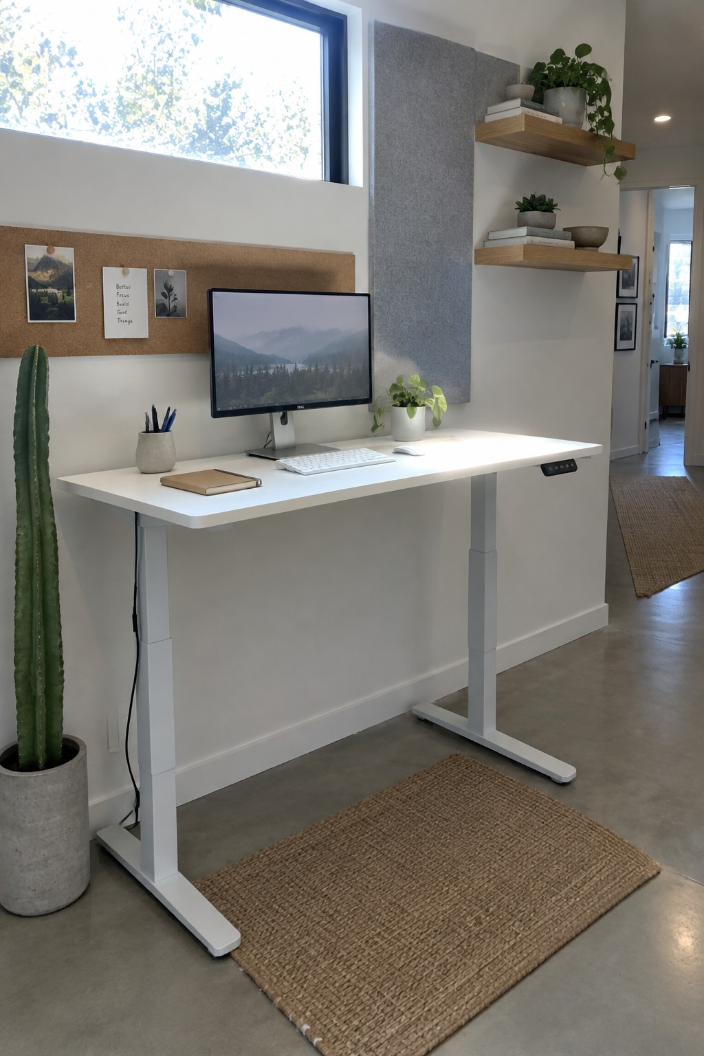 A white standing desk with monitor and keyboard in a bright room, with a tall cactus in a concrete pot on the left and smaller potted plants on the desk and shelves.