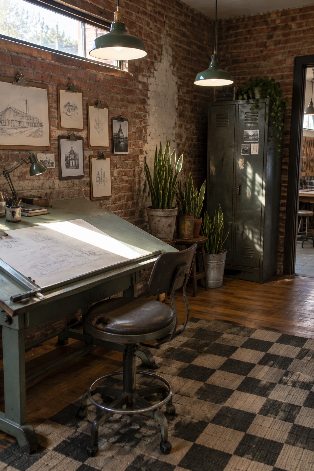 A vintage drafting table with drawings sits in front of a red brick wall, surrounded by several potted snake plants on the floor and a stool nearby.