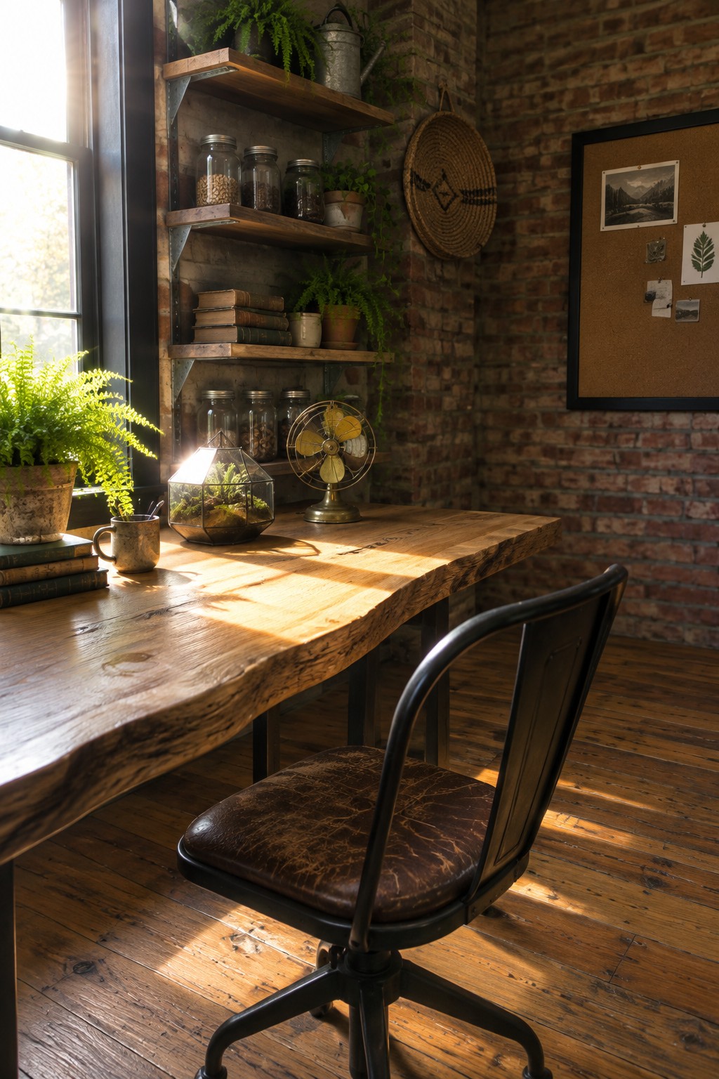 Rustic wooden desk with vintage chair before sunlit brick wall shelves of plants and jars