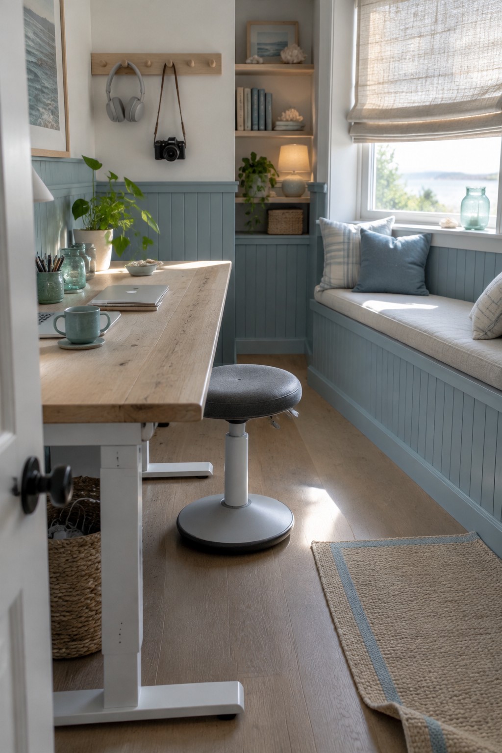 A home office with a long wooden sit-stand desk, gray adjustable stool, and a cushioned window bench along one wall with blue wainscoting.