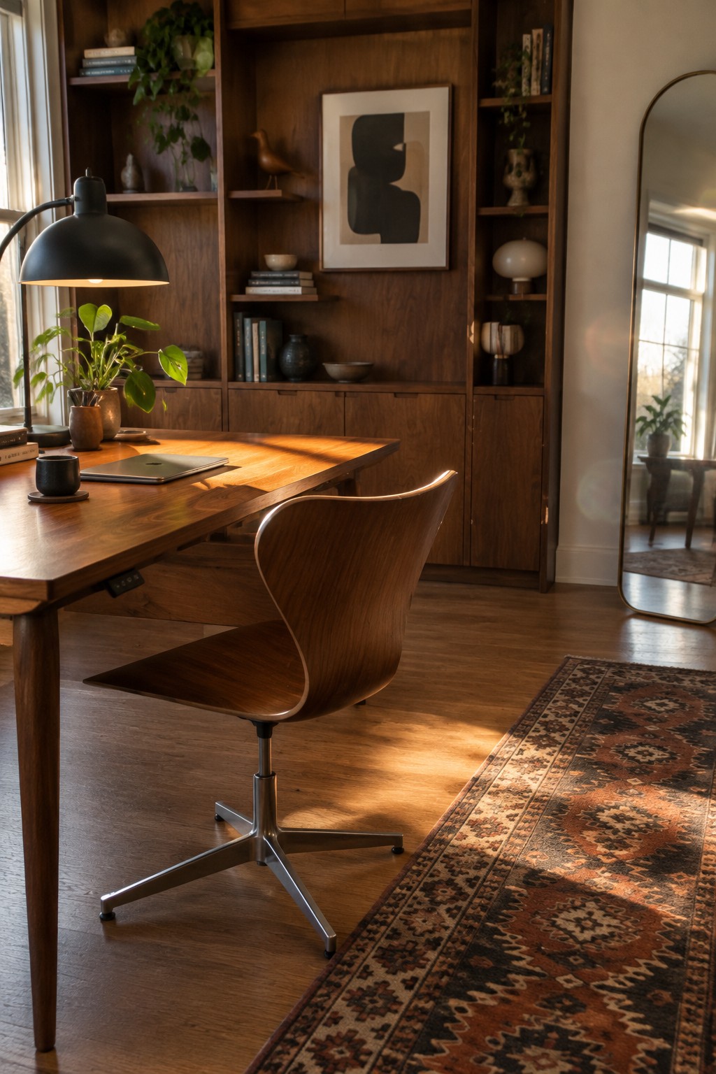A wooden sit-stand desk with an adjustable black lamp and laptop is positioned in front of dark wood built-in shelves, with a walnut swivel office chair on a metal base pulled up to it.