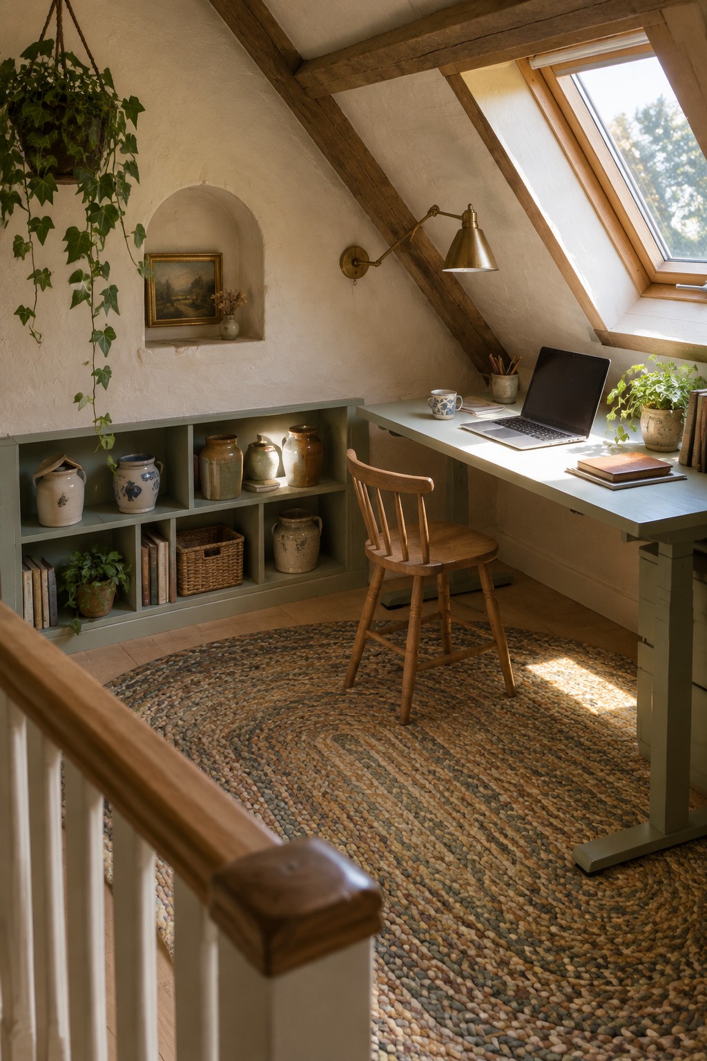 An attic home office with a light green desk, wooden chair, laptop, and large round braided rug on the floor, plus built-in shelves holding pottery and books.