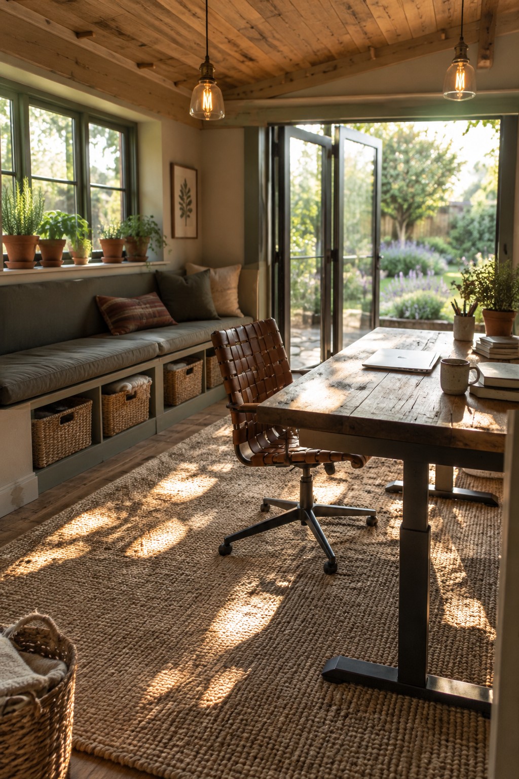 A wooden sit-stand desk with a laptop, mug, and woven leather chair positioned on a large jute rug in a bright room with green-trimmed windows and a built-in window seat.