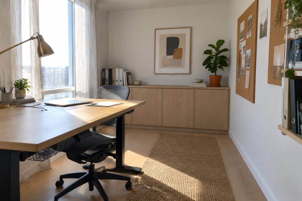 A home office with a light wood sit-stand desk, black ergonomic office chair, and long jute runner rug on light hardwood flooring beside a window.