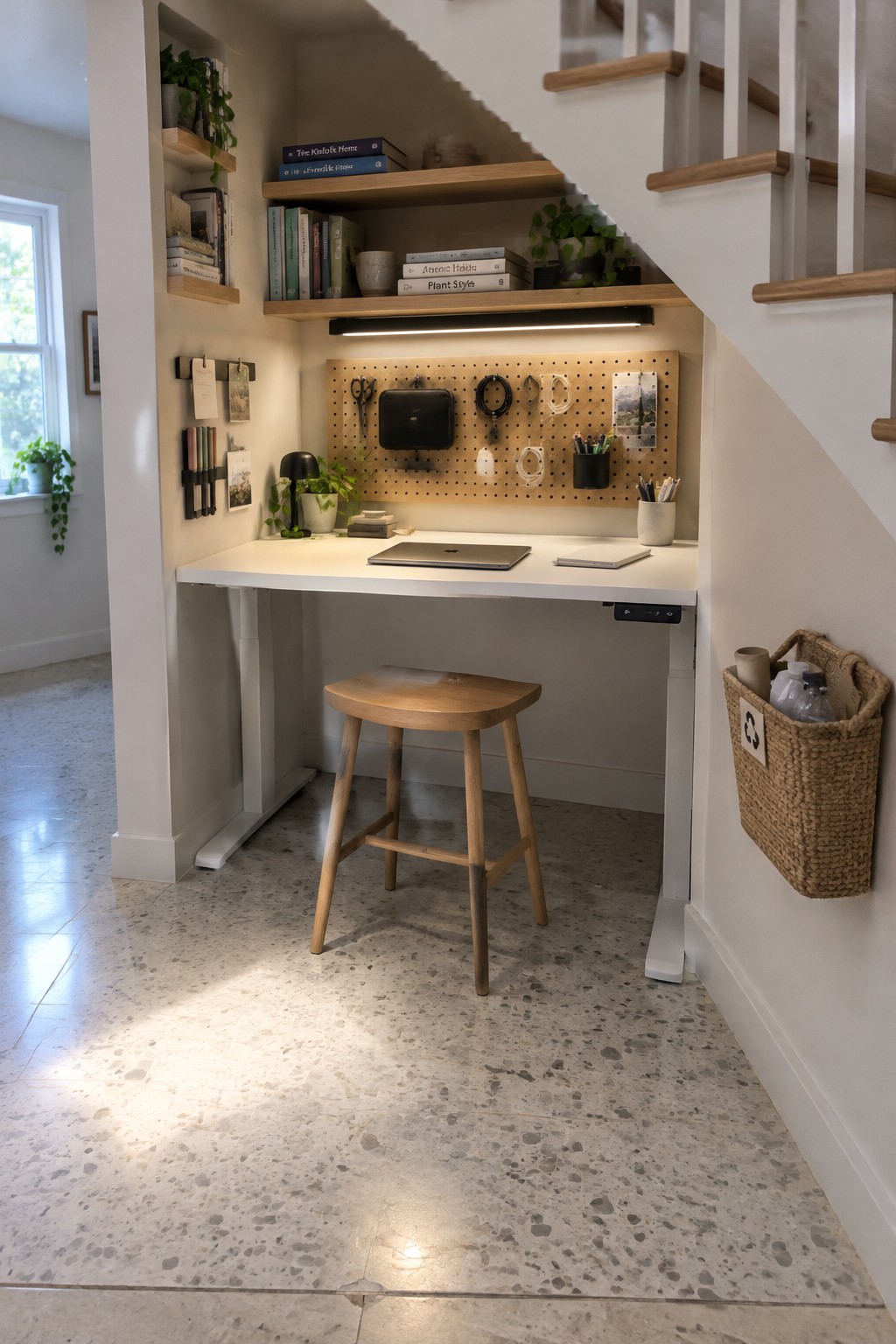 A white sit-stand desk with a wooden stool placed under a staircase, next to a pegboard wall with hanging organizers.
