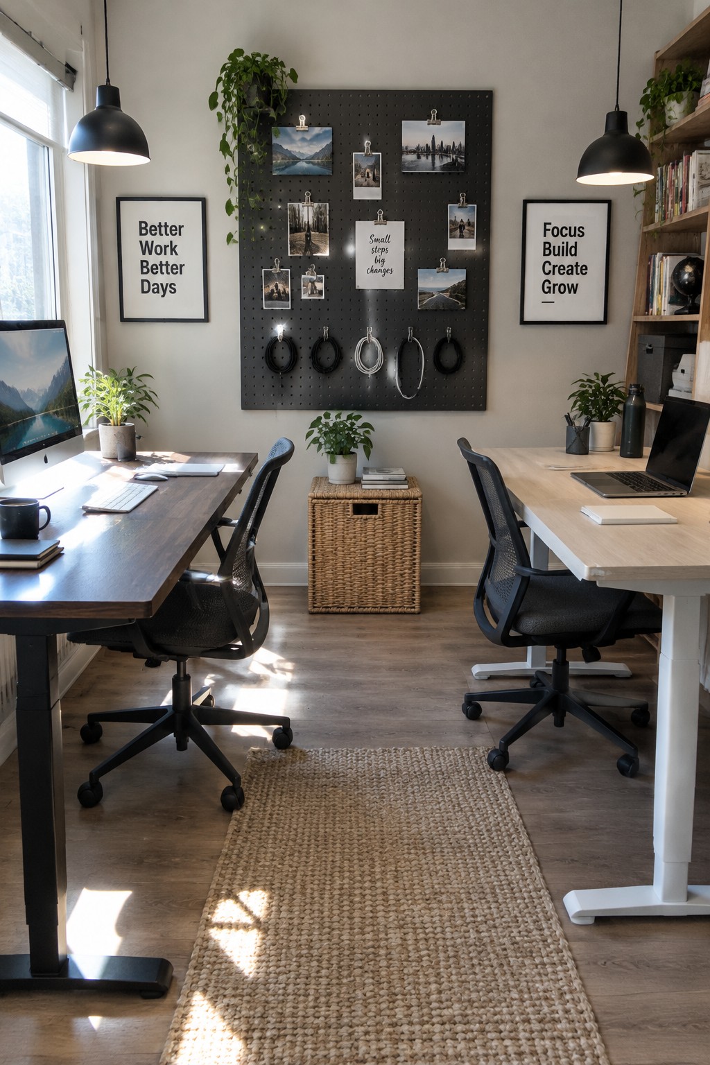 A home office with two wooden desks facing each other across a woven rug, each with a black office chair, and a black pegboard with photos and cables on the wall between them.