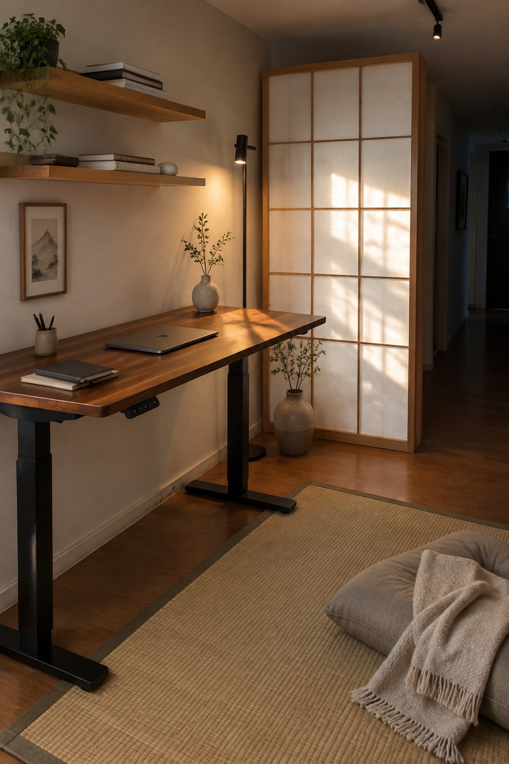 Minimalist wooden desk with laptop beside shoji screen on tatami mat in sunlit room