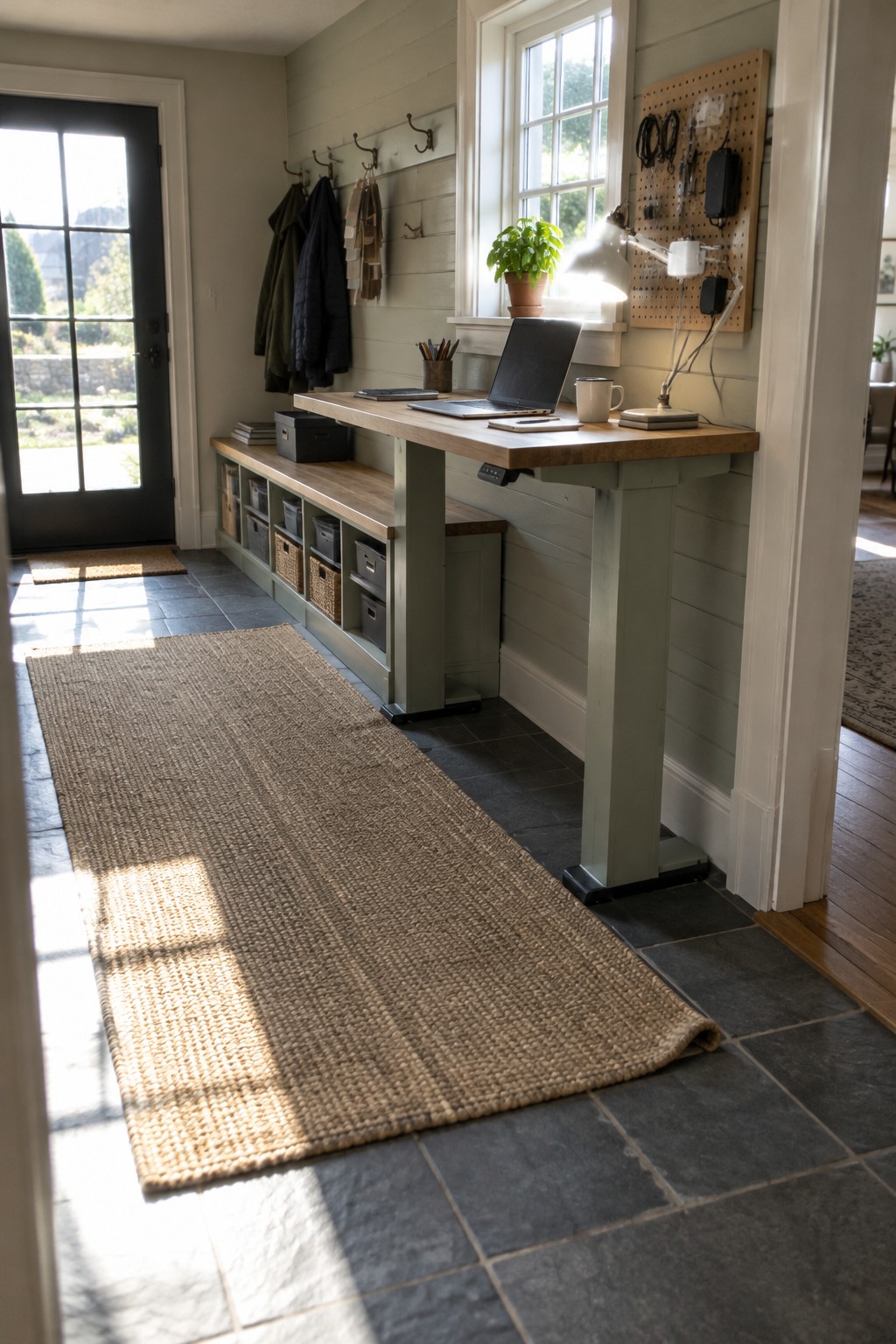 A long wooden sit-stand desk with laptop, lamp, and storage bins placed along a sage green wall in a hallway, with a jute runner rug on dark tile flooring and coat hooks above.