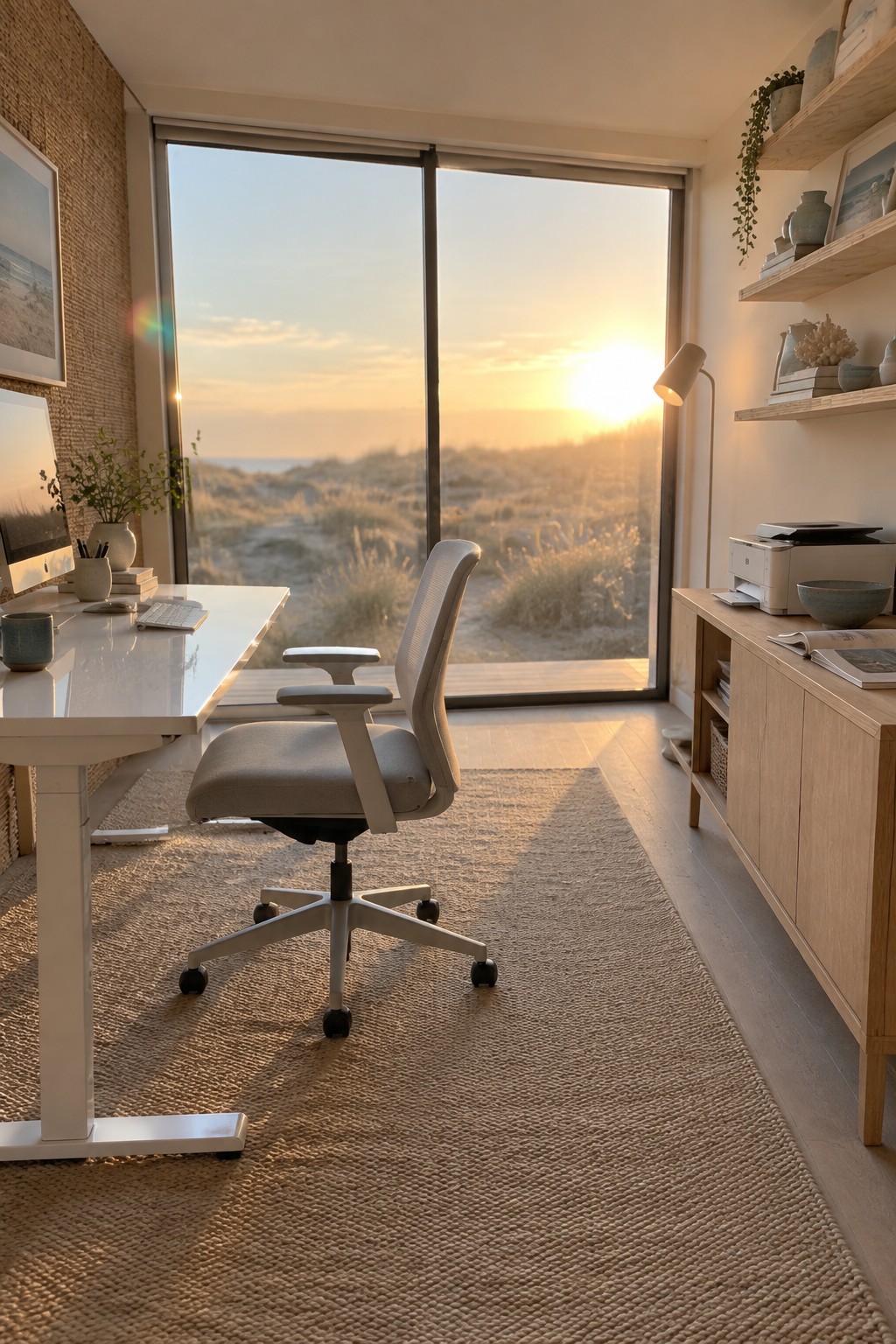 A home office featuring a white height-adjustable desk with an ergonomic office chair positioned on a large woven rug in front of floor-to-ceiling sliding glass doors overlooking sand dunes at sunset.