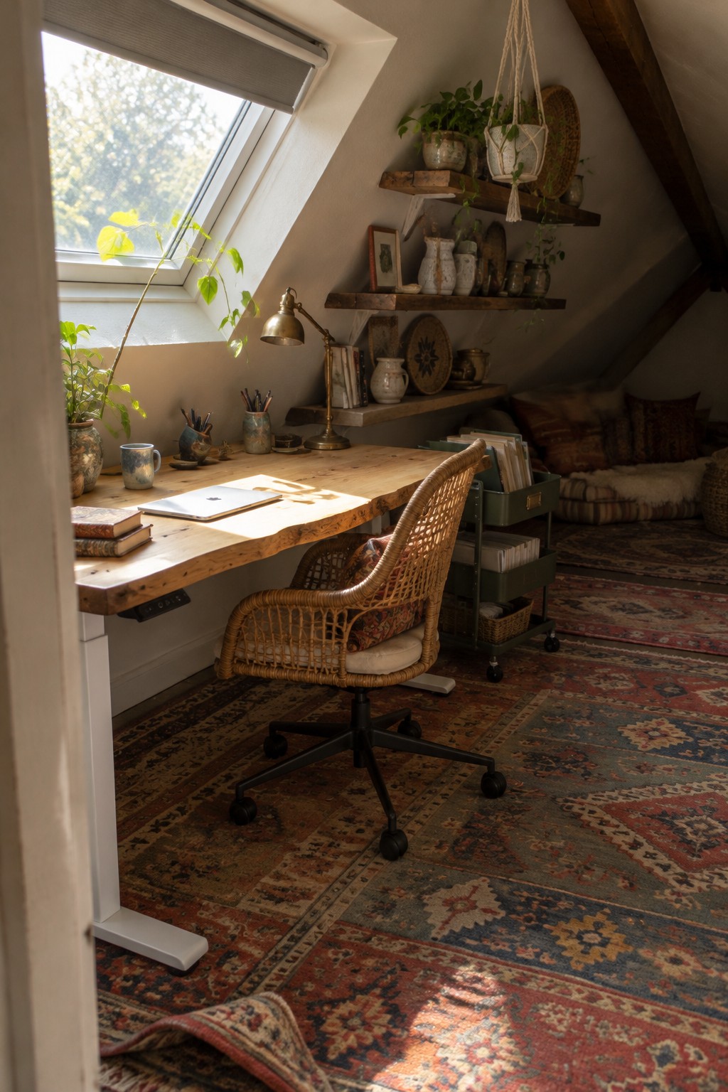 Cozy attic workspace with wooden desk, wicker chair, plants, shelves, and colorful rugs in sunlight.