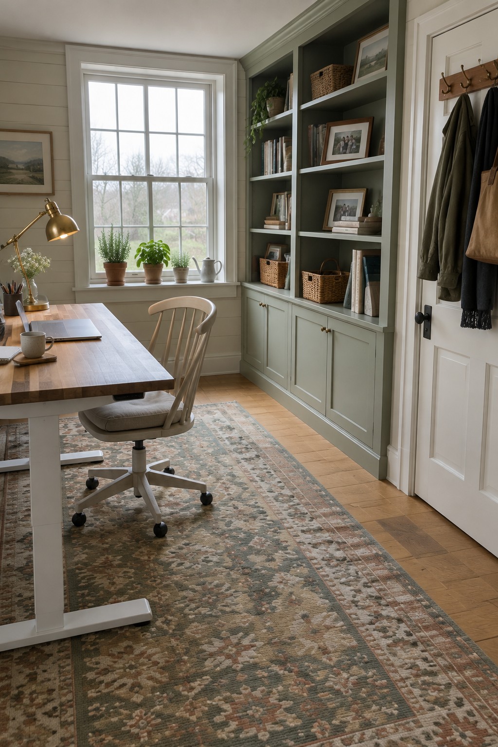 A home office with a wooden sit-stand desk on a large patterned rug, a rolling chair, built-in green bookshelves along one wall, and a window behind the desk.