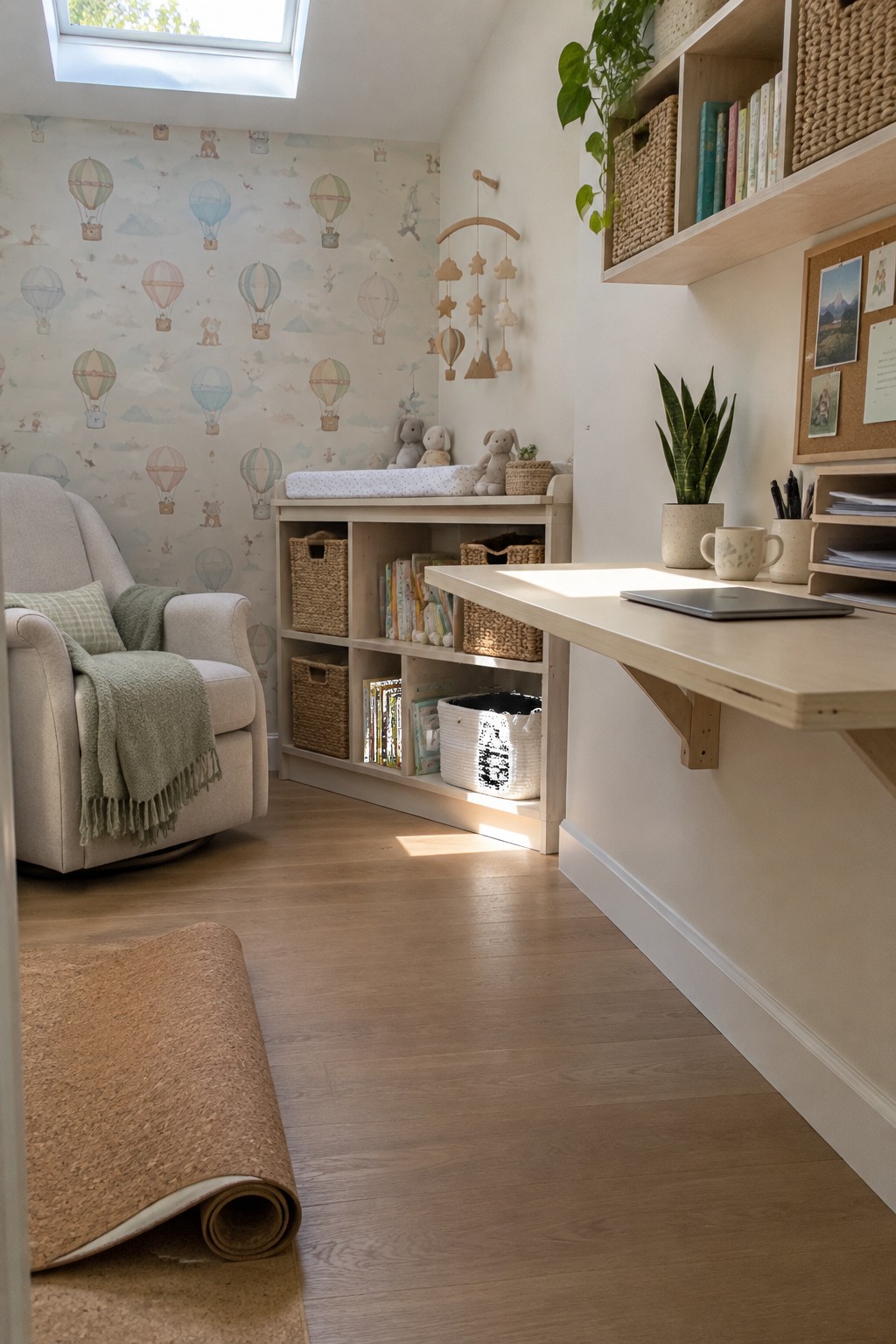 A light wood wall-mounted desk with brackets in a room featuring hot air balloon wallpaper, open storage cubbies, and a beige armchair.