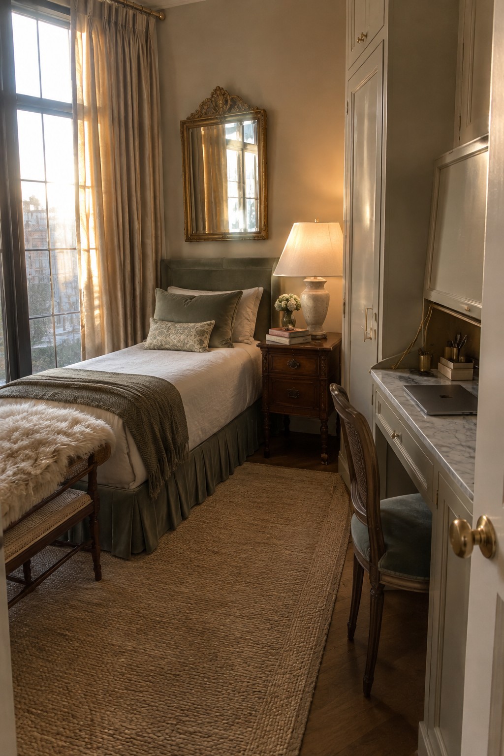 Elegant bedroom with green bed, wooden nightstand, marble desk, woven rug, and sunlit window.