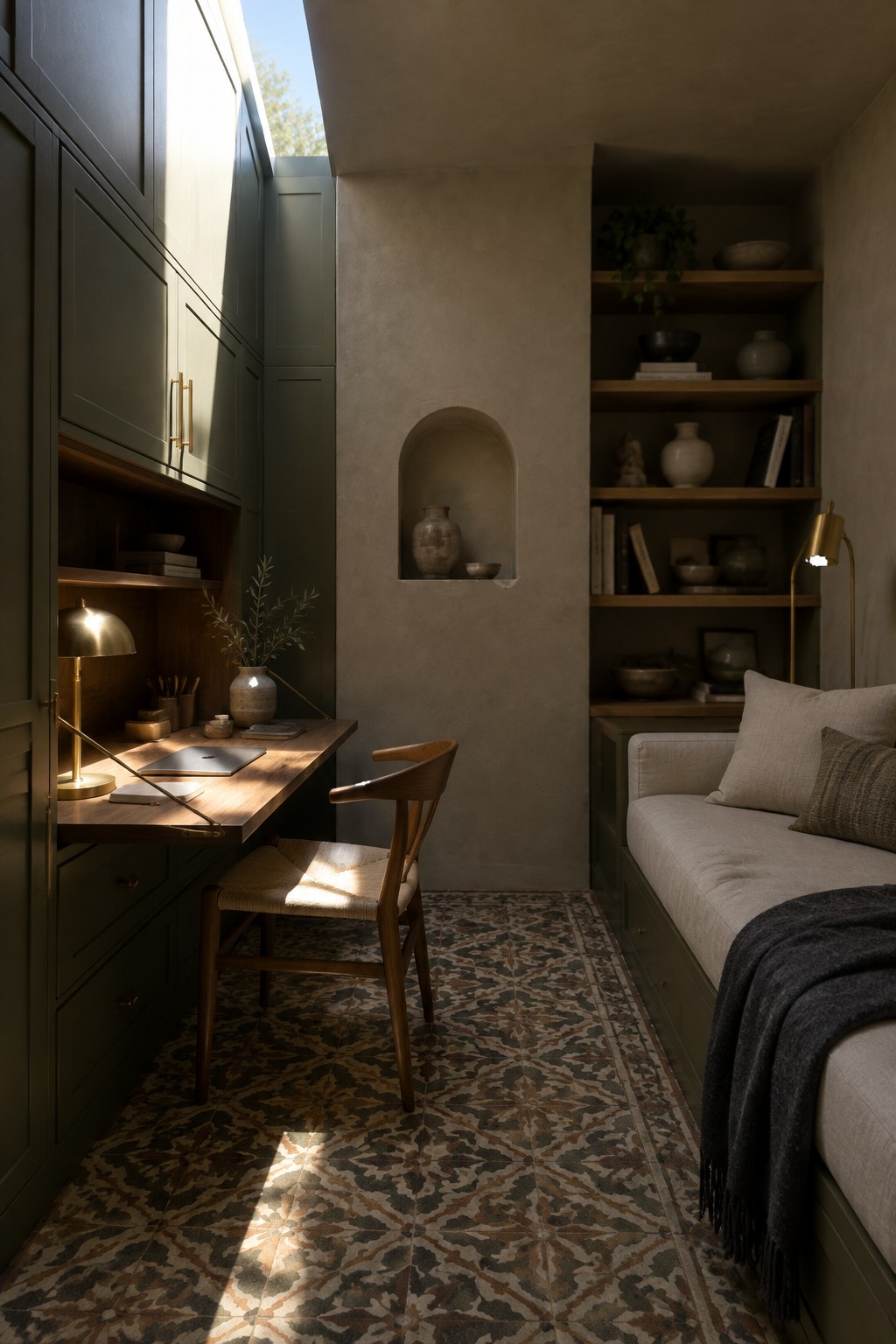 Cozy study with wooden desk, woven chair, built-in shelves, daybed, and patterned tile floor in sunlight.