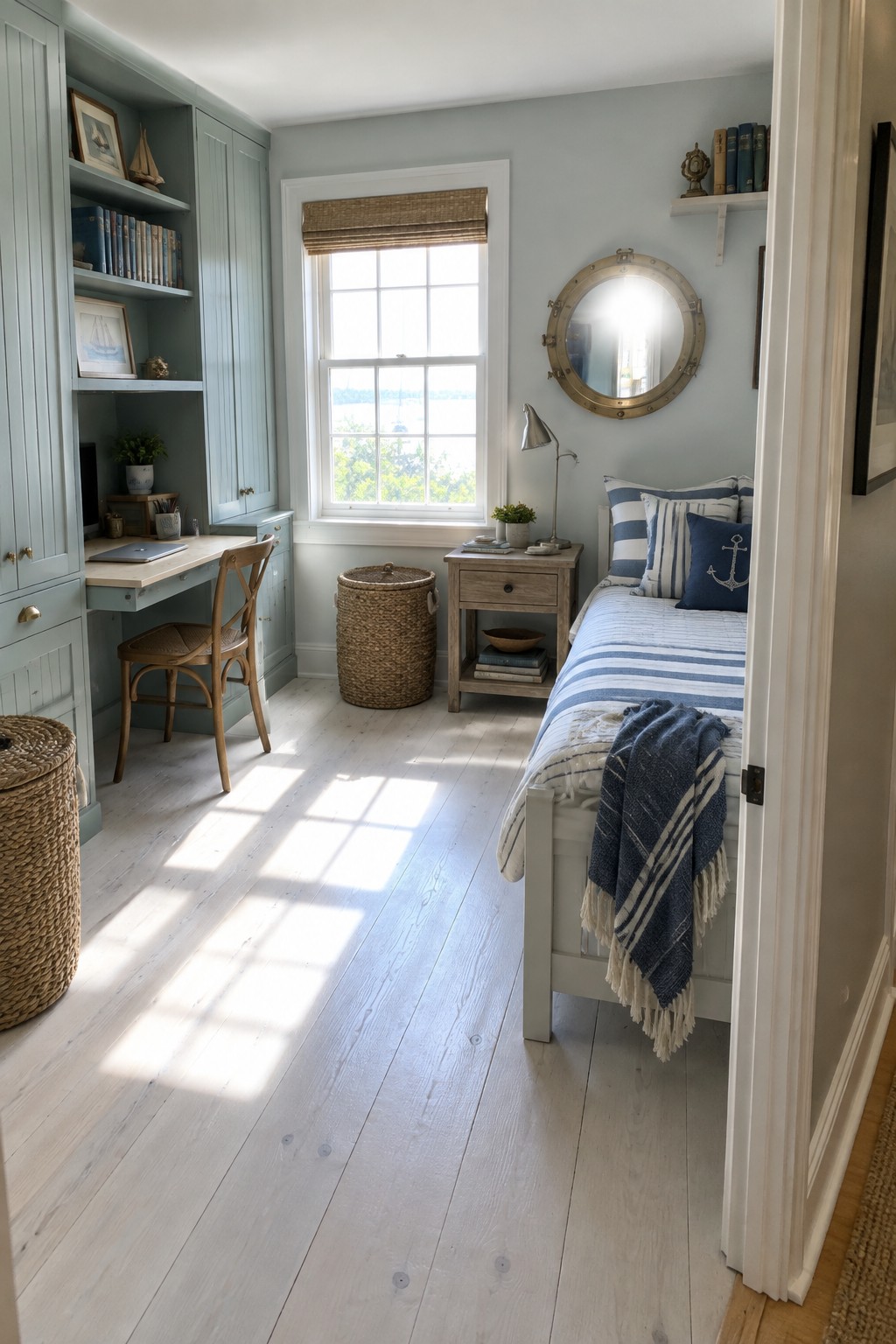A bedroom with built-in sage green cabinetry featuring an integrated desk and wooden chair on the left wall, a single bed with blue striped bedding on the right, and a large window with a woven shade between them.