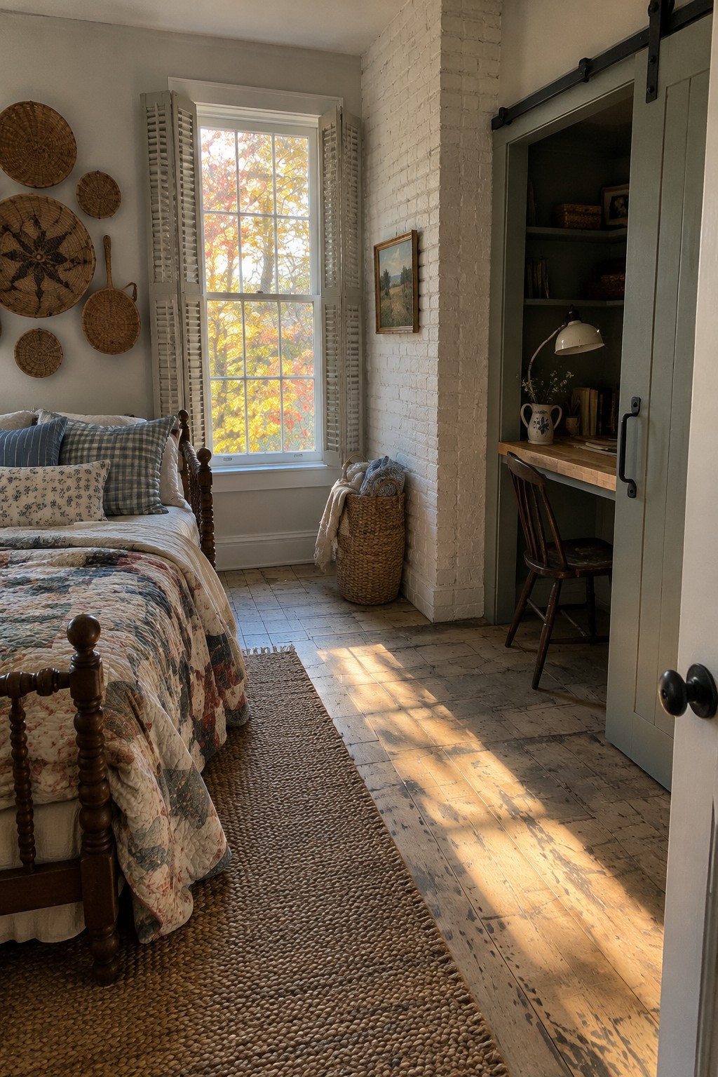 A bedroom interior showing a bed with a patchwork quilt, a window with open shutters, and a sliding barn door pulled back to reveal a built-in desk area with shelves.