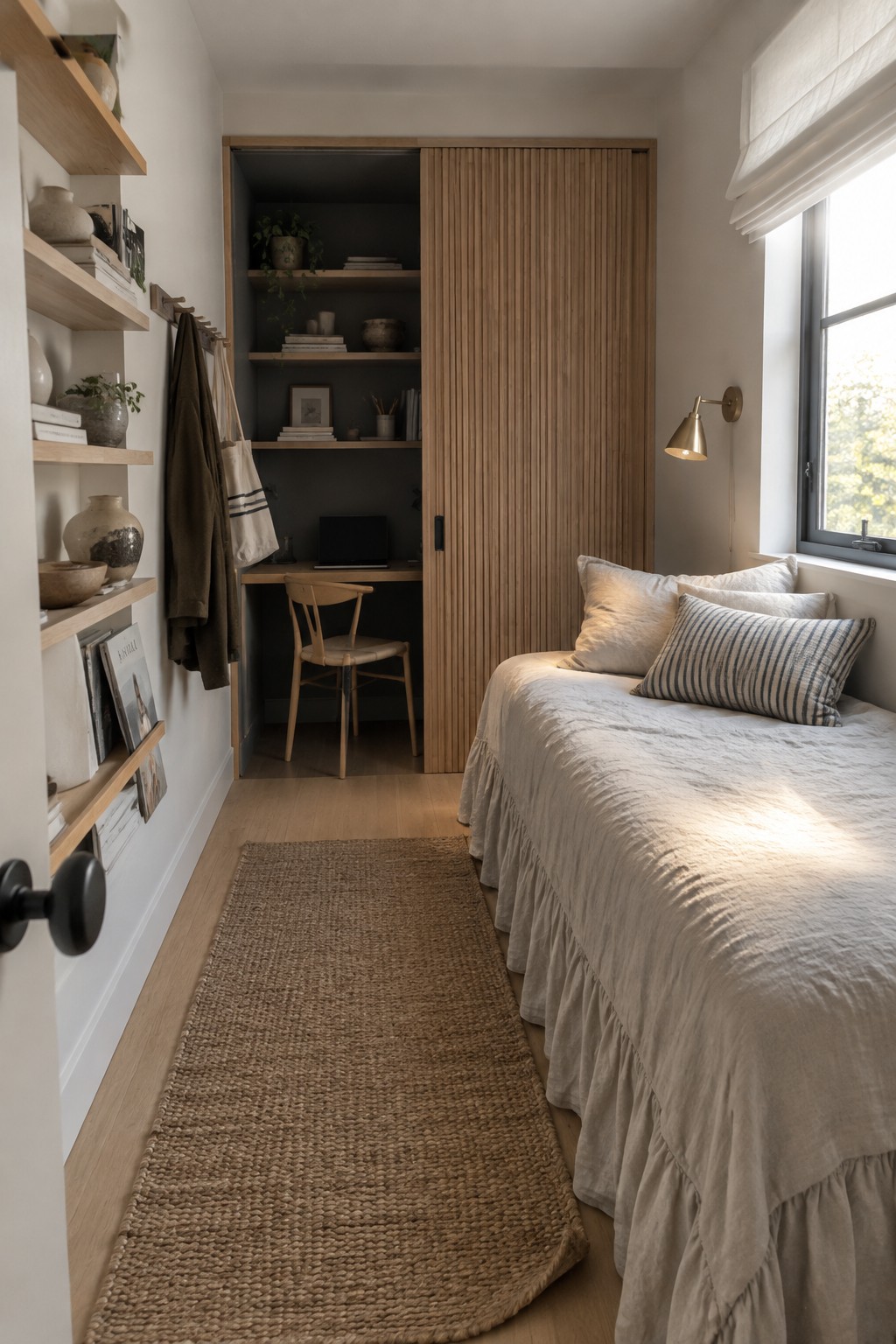 Narrow bedroom with ruffled bed, built-in desk nook, slatted closet, and wooden shelves.
