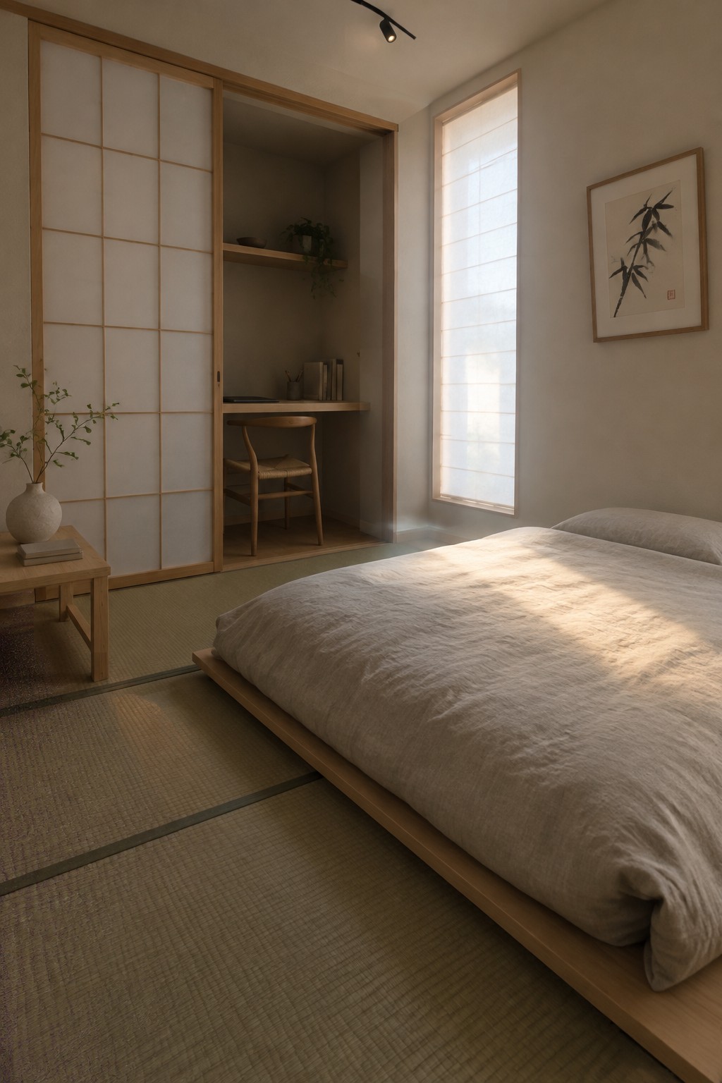 A Japanese-style bedroom with tatami flooring, a low platform bed, and wooden shoji screens partially open to show a built-in desk and chair in an alcove.