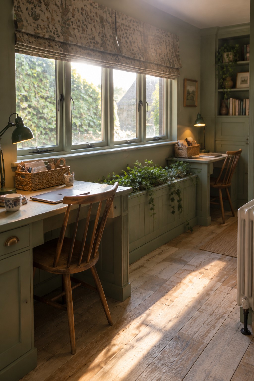 A light-filled home office with sage green built-in cabinetry and a long desk running beneath a row of windows, featuring two wooden chairs and a central planter box filled with trailing ivy.