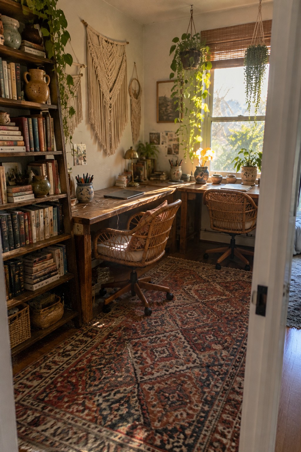 Sunlit bohemian home office with wooden desk, wicker chairs, hanging plants, and patterned rug.